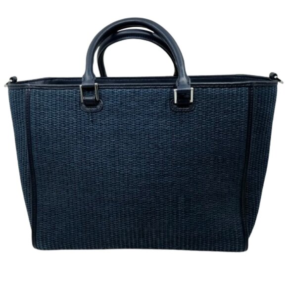 TORY BURCH~T LOCK STRAW TOTE~Navy Yellow TOP HANDLE 3 COMPARTMENT LARGE BAG - Picture 4 of 7